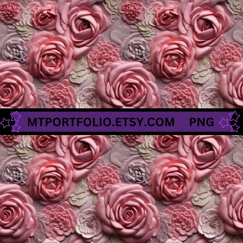 Pink 2d Roses Paper Pink Roses 3D Faux Embroidery Fabric Texture Digital Paper Seamless ...