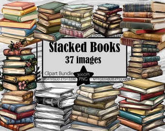 Book Stack Clipart Bundle Stack of Books PNG Graphics Library Clipart Transparent Commercial Digital Download Sublimation Junk Journal