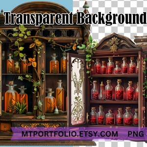 May include: A vintage wooden cabinet with glass doors and shelves filled with glass bottles containing various liquids. The cabinet is decorated with intricate carvings and vines. The background is transparent.