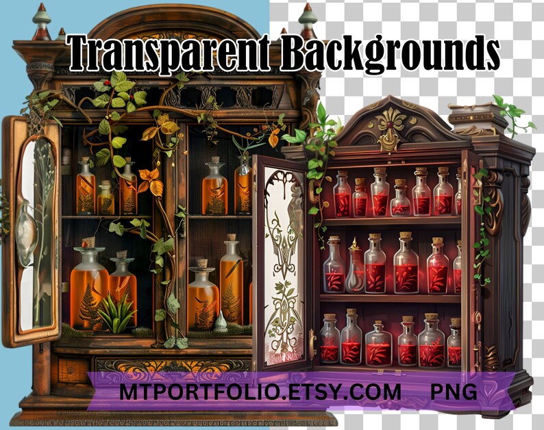 May include: A vintage wooden cabinet with glass doors and shelves filled with glass bottles containing various liquids. The cabinet is decorated with intricate carvings and vines. The background is transparent.