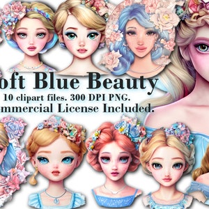 Watercolor Blue Princess ~ 10 Clipart Graphics Bundle ~ Commercial License Included ~ Separate Elements Digital Download ~ Sublimation