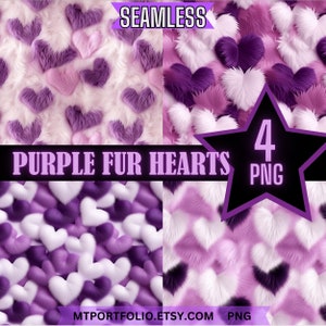 May include: Four seamless patterns featuring purple and white furry hearts. The patterns are perfect for Valentine's Day, wedding, or any other occasion.