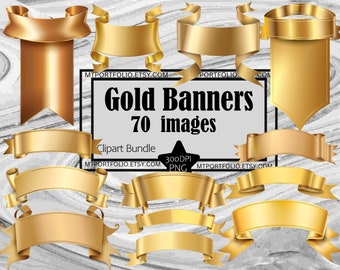 May include: A set of 70 gold banner images in PNG format, 300 DPI. The banners are in various shapes and sizes, including curved, straight, and angled. The banners are perfect for adding a touch of elegance to your designs.