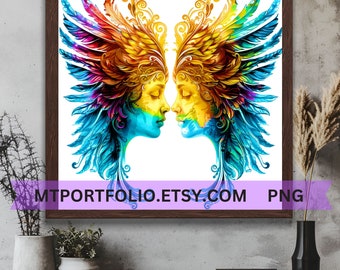 Winged Angel Faces Printable Art Opposing Faces Wall Art Space Fantasy Angel Art Mirror Wing Faces Modern Art - Instant Download