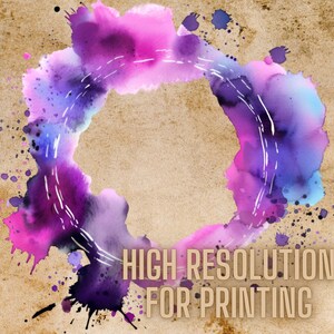 May include: Abstract watercolor background with purple, pink, and blue hues. The colors are arranged in a circular shape with white lines running through them. The text "HIGH RESOLUTION FOR PRINTING" is at the bottom of the image.