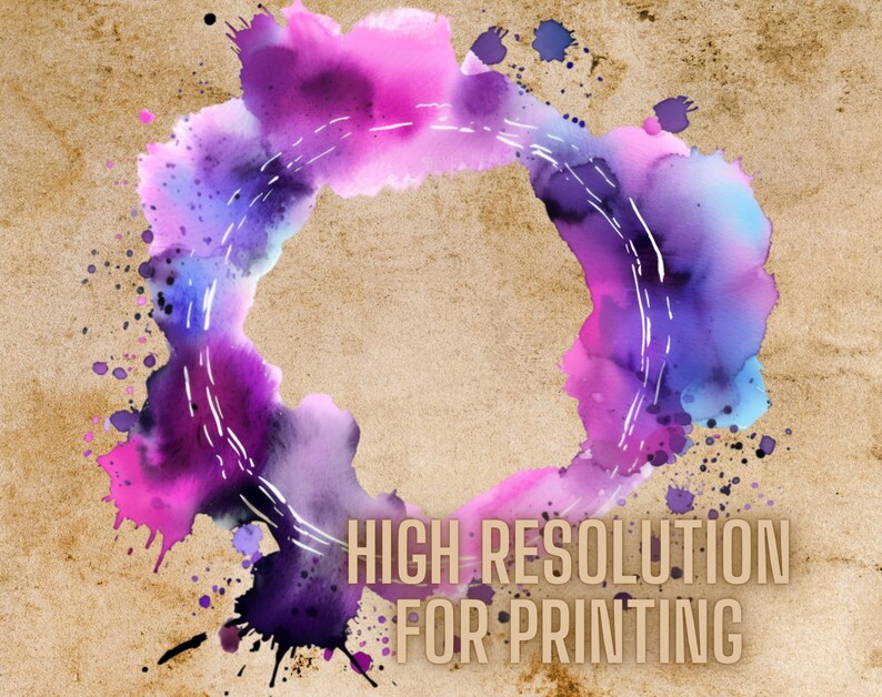 May include: Abstract watercolor background with purple, pink, and blue hues. The colors are arranged in a circular shape with white lines running through them. The text "HIGH RESOLUTION FOR PRINTING" is at the bottom of the image.