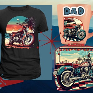 May include: A black t-shirt with a vintage illustration of a motorcycle on a beach. The motorcycle is red and has a sunset in the background. The t-shirt also has a mug with the word "DAD" on it and a vintage illustration of a motorcycle in a diner setting.