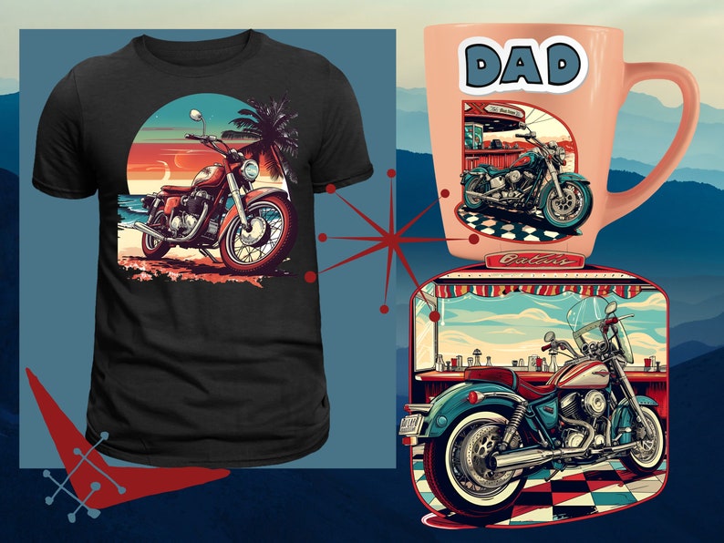 May include: A black t-shirt with a vintage illustration of a motorcycle on a beach. The motorcycle is red and has a sunset in the background. The t-shirt also has a mug with the word "DAD" on it and a vintage illustration of a motorcycle in a diner setting.