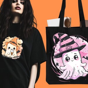 May include: Black tote bag with a pink and black ghost wearing a witch hat and holding an ice cream cone. The ghost is on a white moon with stars and bats. The bag has black straps.