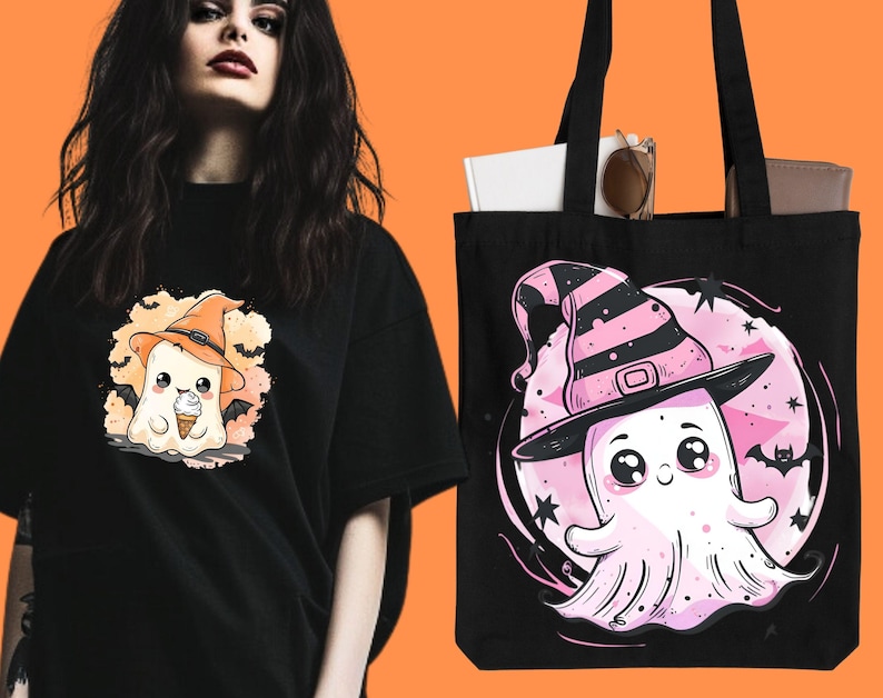 May include: Black tote bag with a pink and black ghost wearing a witch hat and holding an ice cream cone. The ghost is on a white moon with stars and bats. The bag has black straps.