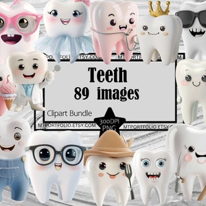 Dents mignonnes Clipart Anime dents PNG Bundle PNG graphiques Transparent usage commercial téléchargement numérique Sublimation Journal dentiste art mural