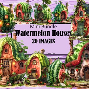 Wassermelone Haus Clipart Obst Haus Märchen Fantasy Haus Clipart PNG Grafiken Aquarell Clipart Kommerzielle Lizenz Digitale Wandkunst