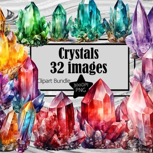 Può includere: Un pacchetto digitale di clipart con 32 illustrazioni ad acquerello di cristalli colorati. I cristalli sono di varie forme e dimensioni, alcuni sembrano grezzi e altri lucidi. I cristalli sono posizionati su uno sfondo di marmo bianco. Il testo "Crystals 32 images" è visualizzato in una casella bianca con bordo nero.