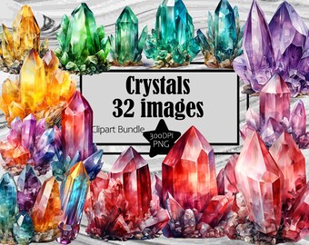 Può includere: Un pacchetto digitale di clipart con 32 illustrazioni ad acquerello di cristalli colorati. I cristalli sono di varie forme e dimensioni, alcuni sembrano grezzi e altri lucidi. I cristalli sono posizionati su uno sfondo di marmo bianco. Il testo "Crystals 32 images" è visualizzato in una casella bianca con bordo nero.