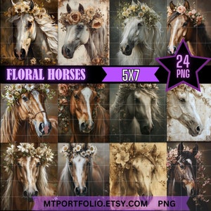 Floral Horses Digital 5x7 Paper Print 24 Pack Horse Painting for Wall Art Junk Journal Printing ScrapBook Boho Horse Flower Instant Download