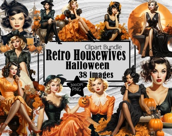 Retro 50s Housewife Trad Wife Halloween Pumpkins Graphics Transparent Commercial License Incl. ~Digital Download Sublimation Junk Journal