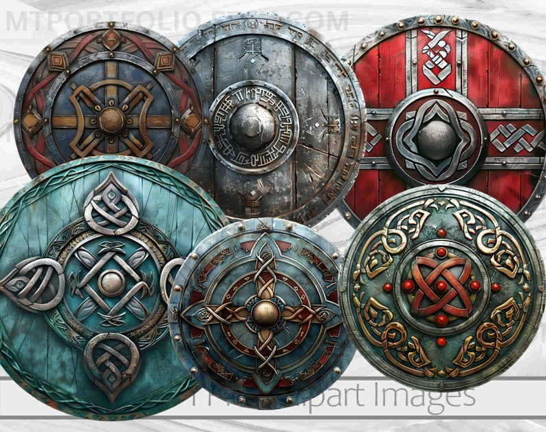 May include: Six round shields with intricate designs. The shields are made of wood and metal and feature a variety of colors, including blue, red, gold, and silver. The shields have a variety of patterns, including Celtic knots, geometric shapes, and animal motifs.