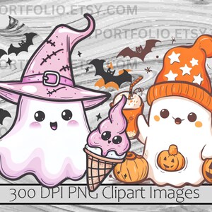 May include: Two cartoon ghosts with Halloween themes. One ghost wears a pink witch hat and holds a pink ice cream cone. The other ghost wears an orange and white hat with white stars and holds a pumpkin. The background is a gray and white marble pattern.