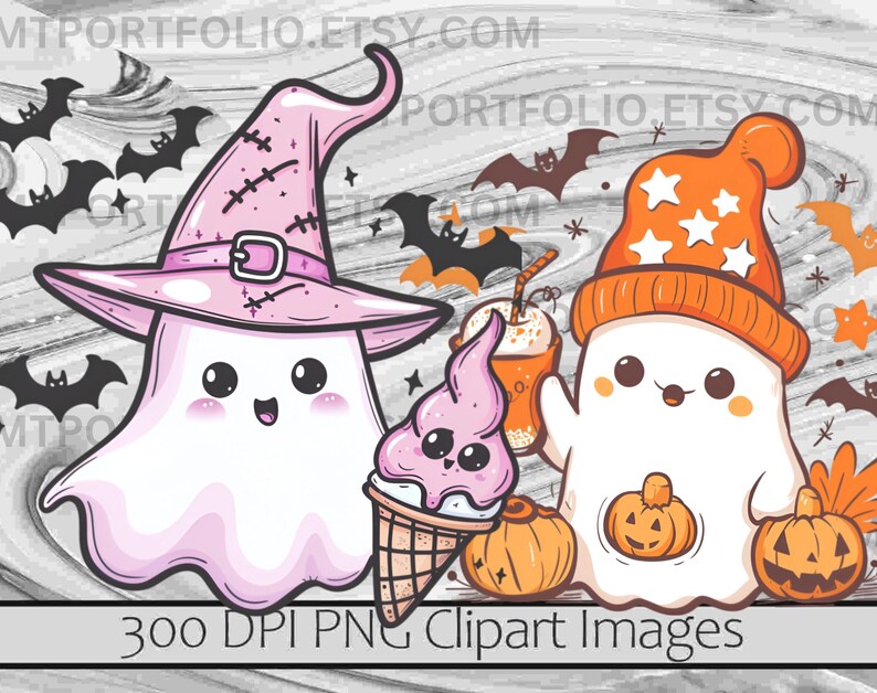 May include: Two cartoon ghosts with Halloween themes. One ghost wears a pink witch hat and holds a pink ice cream cone. The other ghost wears an orange and white hat with white stars and holds a pumpkin. The background is a gray and white marble pattern.