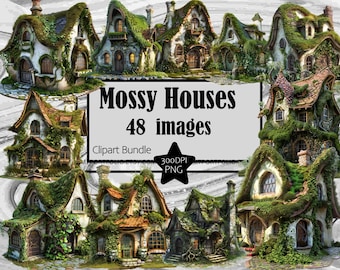 Mossy House Clipart Medieval Fantasy House PNG Bundle PNG Fairy House Graphics Transparent Commercial Digital Download Sublimation Journal