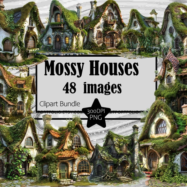 Mossy House Clipart Medieval Fantasy House PNG Bundle PNG Fairy House Graphics Transparent Commercial Digital Download Sublimation Journal