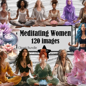 Meditierende Frauen Clipart Zen Yoga Pose PNG Lotus Blume Bundle PNG Grafiken Transparent Kommerzielle Nutzung Digital Download Sublimation Journal