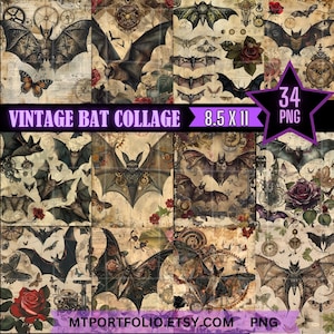 Vintage Bats Digital 8,5 x 11 Paper Print 34 Pack Spooky Bat Paper do sztuki ściennej Flying Bat Ephemera Junk Journal ScrapBook Instant Download