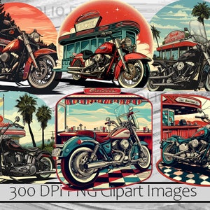 May include: Five digital illustrations of vintage motorcycles in front of retro diners. Each illustration features a different color motorcycle and diner with palm trees and a sunset in the background.