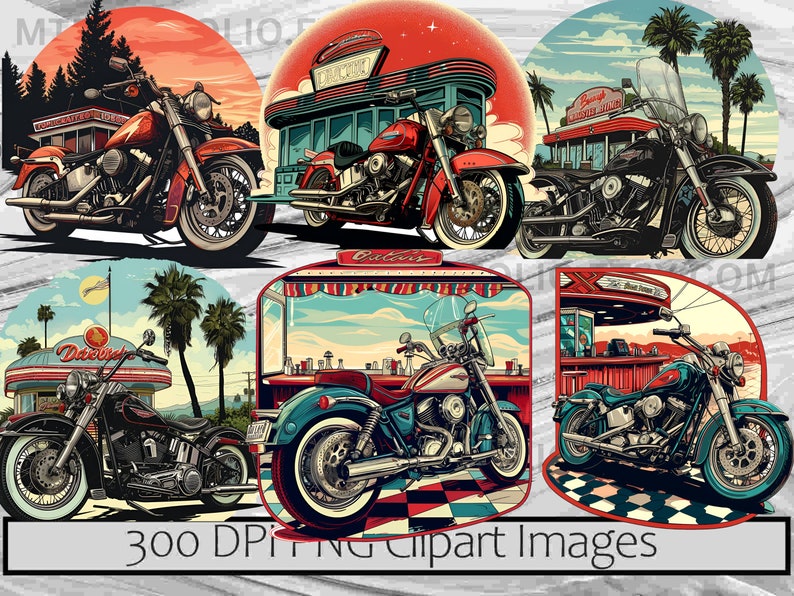 May include: Five digital illustrations of vintage motorcycles in front of retro diners. Each illustration features a different color motorcycle and diner with palm trees and a sunset in the background.