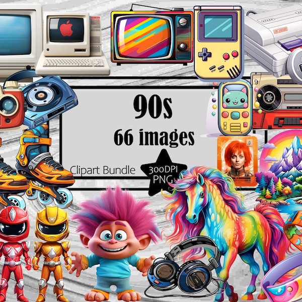 Retro 90s Clipart 90's Nostalgia PNG Graphics Bundle Digital Download Commmercial Tshirt Nerd Gift Retro Trendy Clipart