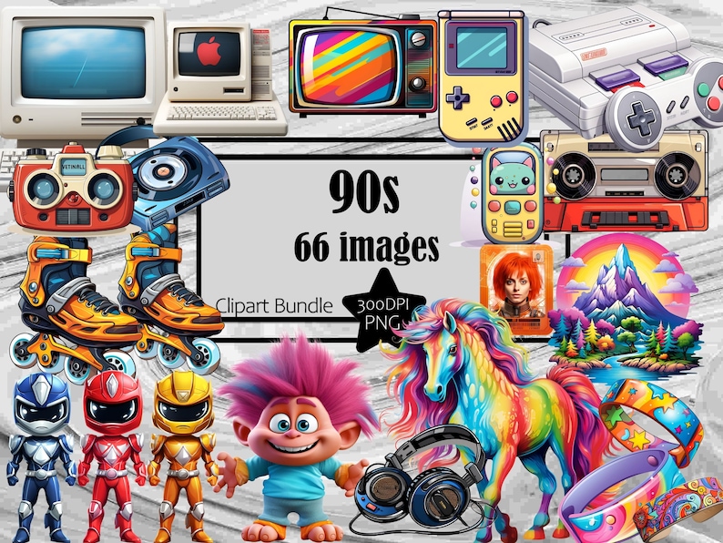 Retro 90s Clipart 90's Nostalgia PNG Graphics Bundle Digital Download Commmercial Tshirt Nerd Gift Retro Trendy Clipart image 1