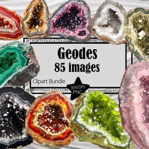 May include: A selection of geode slices, displaying diverse crystal structures and colours. The image features geodes with red, green, purple, and white crystals. Text on the image reads "Geodes 85 images Clipart Bundle".