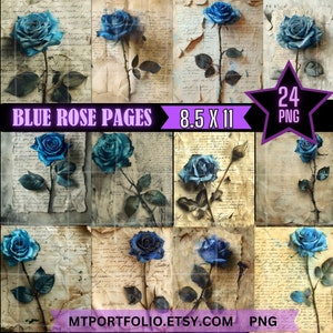 Blaue Rose Junk-Journal Digitales 8,5 x 11 Papier 24er Pack Vintage gealtertes Papier Romantische Blaue Rose ScrapBook Seite druckbare sofort-Download leicht