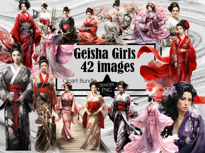 Geisha Clipart Japanese Culture PNG Asian Beauty PNG Traditional Sublimation Art Vintage Japan Clipart Japanese Woman Clipart Bundle image 1