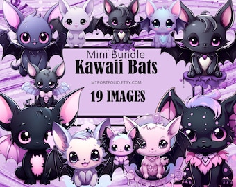 Pastel Goth Kawaii Bats Chibi Anime Manga Gothic Clipart Graphics Sublimation Bundle Junk Journal Scrapbook File Transparent Download