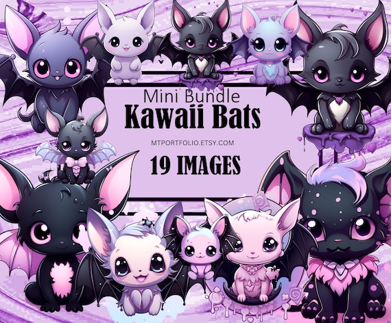 Pastel Goth Kawaii Bats Chibi Anime Manga Gothic Clipart Graphics Sublimation Bundle Junk Journal Scrapbook File Transparent Download