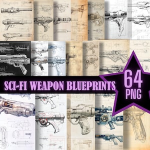 SciFi Broń Karabin Plany Patent Rysunek PNG Wydrukowany Schemat Vintage Ephemera Rysunki Mechaniczne Dziennik Śmieci Cyfrowa Maszyna Papiernicza