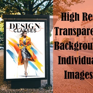 May include: A billboard advertisement for design classes. The billboard features a woman in a yellow coat and a gray skirt walking on a white background with colorful abstract shapes. The text on the billboard reads "DESIGN CLASSES".