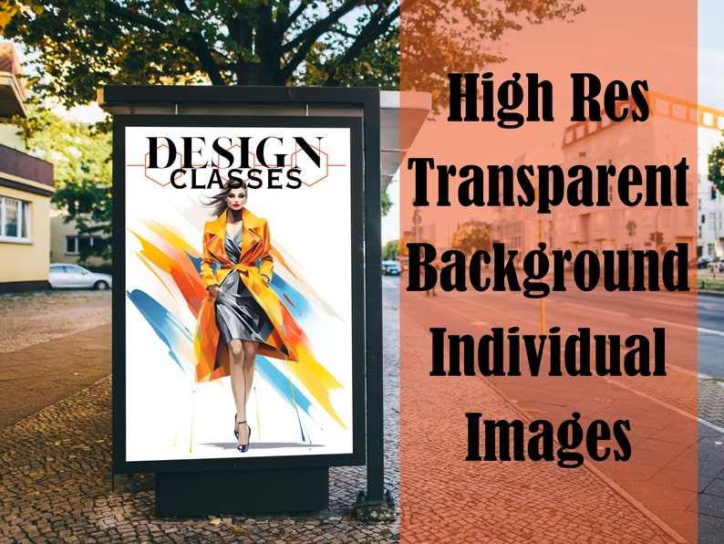 May include: A billboard advertisement for design classes. The billboard features a woman in a yellow coat and a gray skirt walking on a white background with colorful abstract shapes. The text on the billboard reads "DESIGN CLASSES".