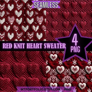 Rot Weiß Strickherzen Stoff Gestrickte Textur Digitales Papier Nahtlose Muster 4er Pack Bundle Scrapbook Journal Dye Sublimation PNG Herunterladen