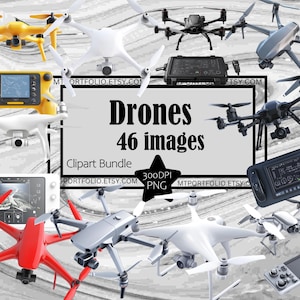Puede incluir: Un paquete de clipart digital de 46 imágenes de drones. Las imágenes presentan varios modelos de drones en diferentes colores y ángulos. Las imágenes son archivos PNG de 300 DPI. El texto "Drones 46 imágenes" se muestra en un cuadro blanco con un contorno negro. El texto "Clipart Bundle" se muestra en un cuadro blanco con un contorno negro. El texto "300DPI PNG" se muestra en una estrella blanca con un contorno negro.