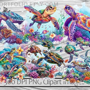 May include: A digital clipart set of 10 colorful sea turtles with vibrant, psychedelic patterns. The turtles are surrounded by coral reefs and other underwater plants. The image is set against a light blue background with watercolor effects.