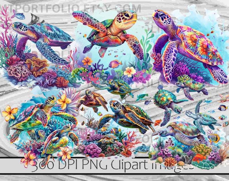 May include: A digital clipart set of 10 colorful sea turtles with vibrant, psychedelic patterns. The turtles are surrounded by coral reefs and other underwater plants. The image is set against a light blue background with watercolor effects.