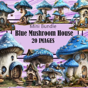 Casa de cogumelo clipart Casa de cogumelo azul Casa de fantasia de conto de fadas clipart PNG gráficos clipart aquarela licença comercial arte digital
