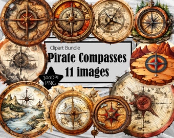Pirate Compass Treasure Hunting Clipart Adventure Exploration Map Hiking Outdoor Navigation Old Fashioned Gift for Men Cartography PNG