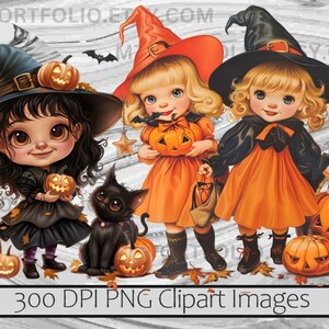 May include: Three cartoon witches with black hats and orange dresses holding pumpkins. The witches have long black hair and are wearing black shoes. The background is a gray and white woodgrain pattern.