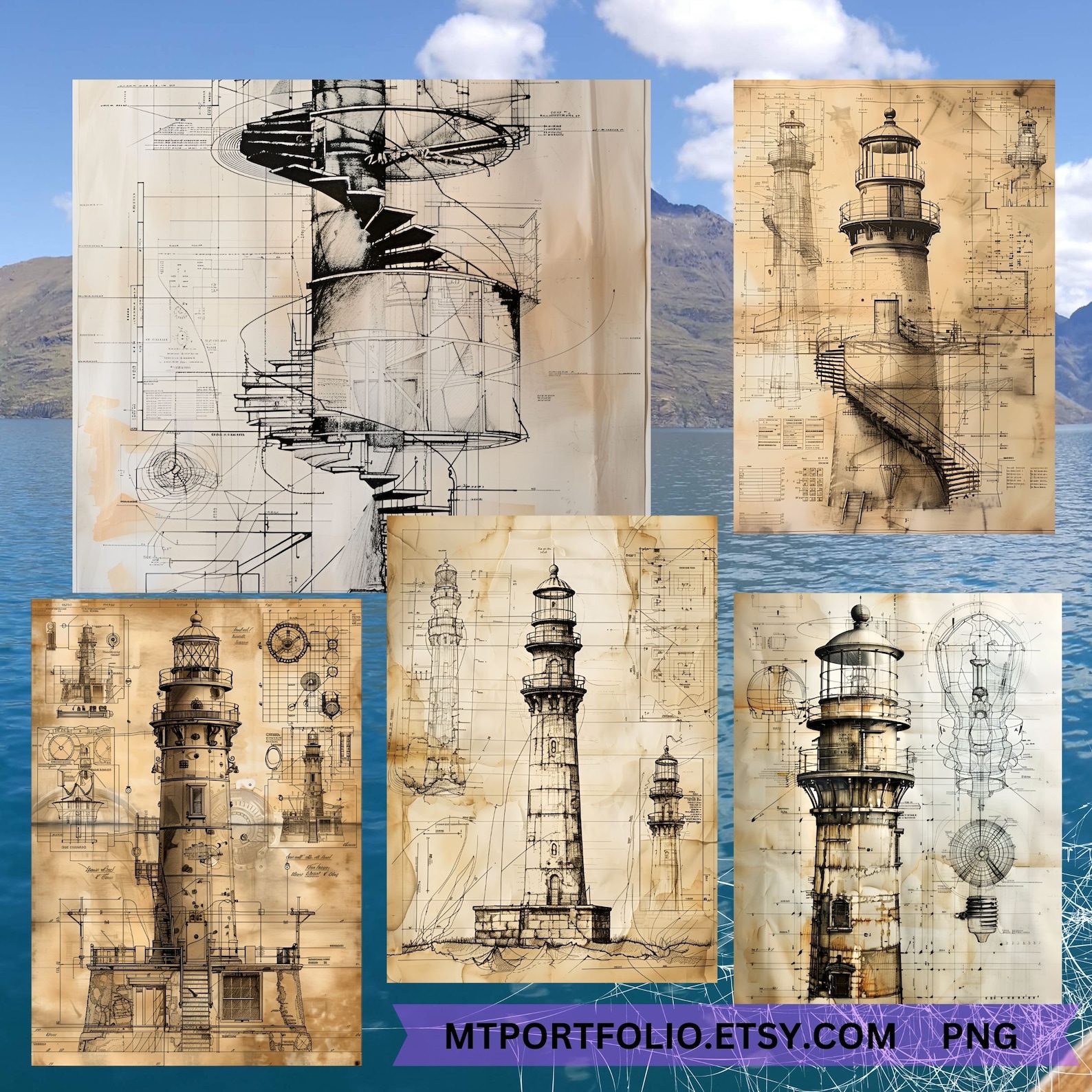 Lighthouse Blueprints Patent Drawings PNG Printable Schematic Vintage ...
