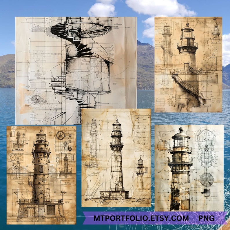 Lighthouse Blueprints Patent Drawings PNG Printable Schematic Vintage ...