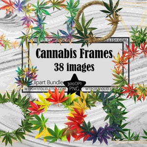 May include: A digital art bundle featuring cannabis leaf frames in various colors, including green, red, yellow, and purple. The image includes a central text box that reads "Cannabis Frames 38 images". The background has a marble effect.