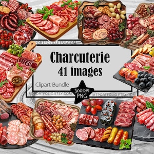 Charcutería Clipart Carne Ahumada PNG Paquete Muestrario de Carne Gráficos PNG Carne Curada Clipart Plato de Carne Sublimación Libro de Recetas